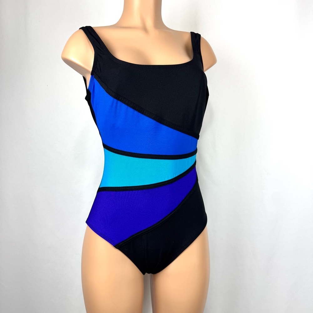 Women’s Black One-Piece Swimsuit with Blue Colorblock Panels
